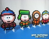 Set of 4 SOUTH PARK Perler Bead Sprite Characters - Stan, Kyle, Kenny, Cartman with stands