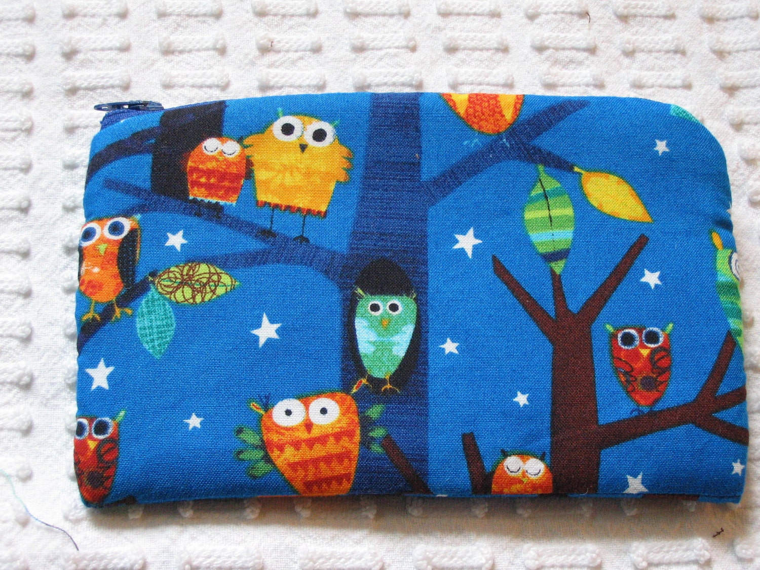 Electric Blue Owl Zippered Gadget Bag.  Small Clutch for MakeUp or Electronic Gadget.  Use alone or put in larger purse.