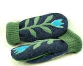 Mittens Felted Wool Flower Appliqued Mittens  Blue, Green and Turquoise Fleece Lining Suede Palm Up Cycled Eco Friendly Size M - ForMyDarling