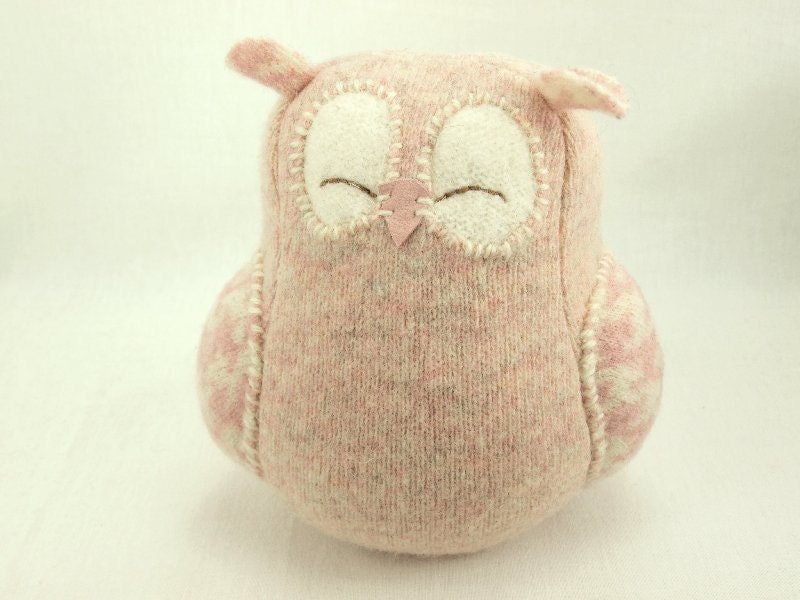 Nursery Decor Owl Light Pink Sleepy Owl Recycled Felted Wool Eco Friendly Lamb Wool Stuffing Height 7"