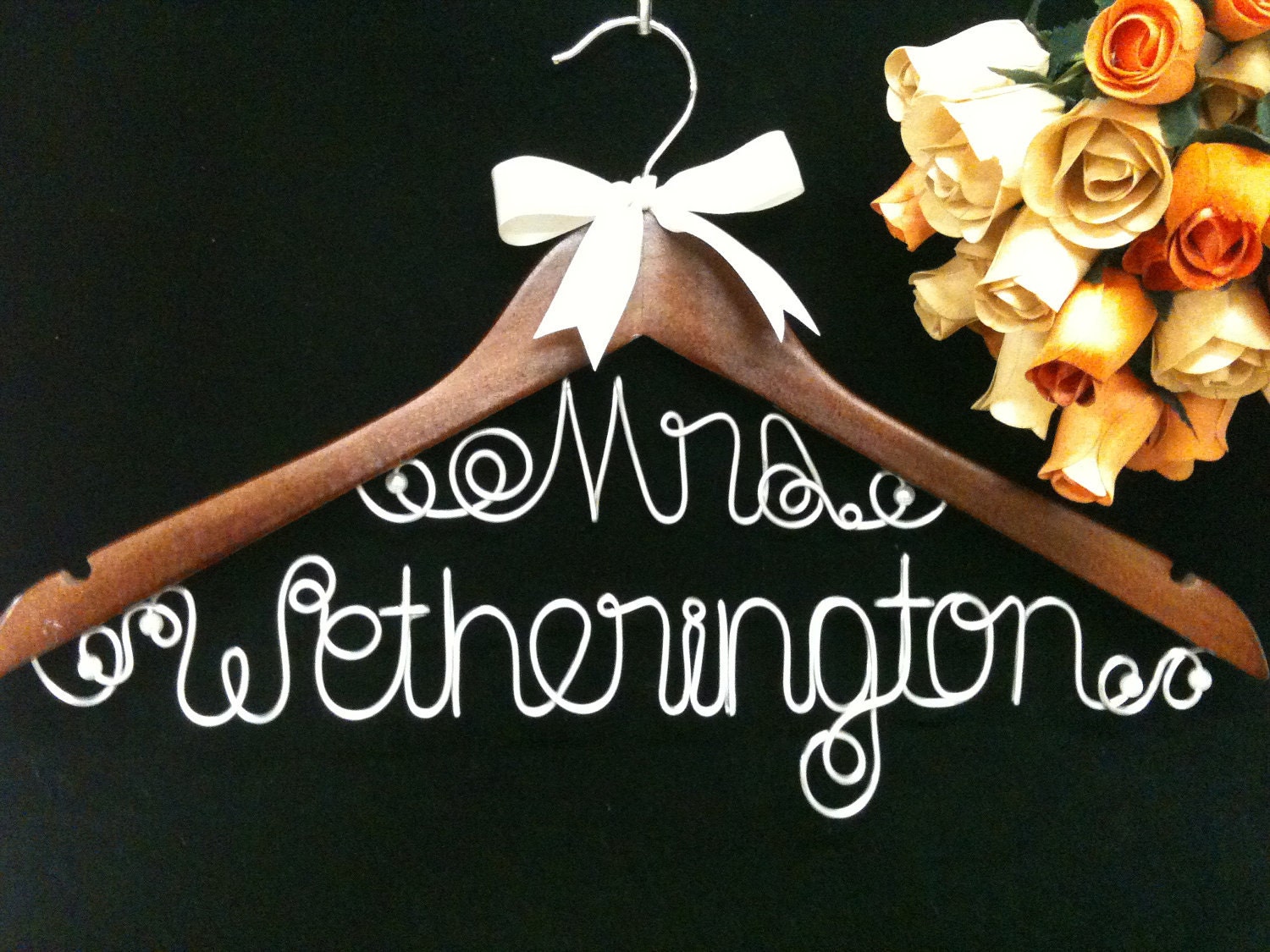 LARGE LETTERS  Two Lines  Personalized Bride hanger for wedding dress  Original Unique Wired Art design PEARLS and ribbon accents included