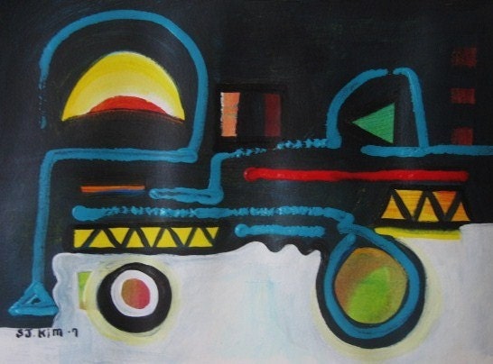 Expressionism abstract painting sjkim acrylic green red black yellow abstract art modern contemporary art by sj.kim