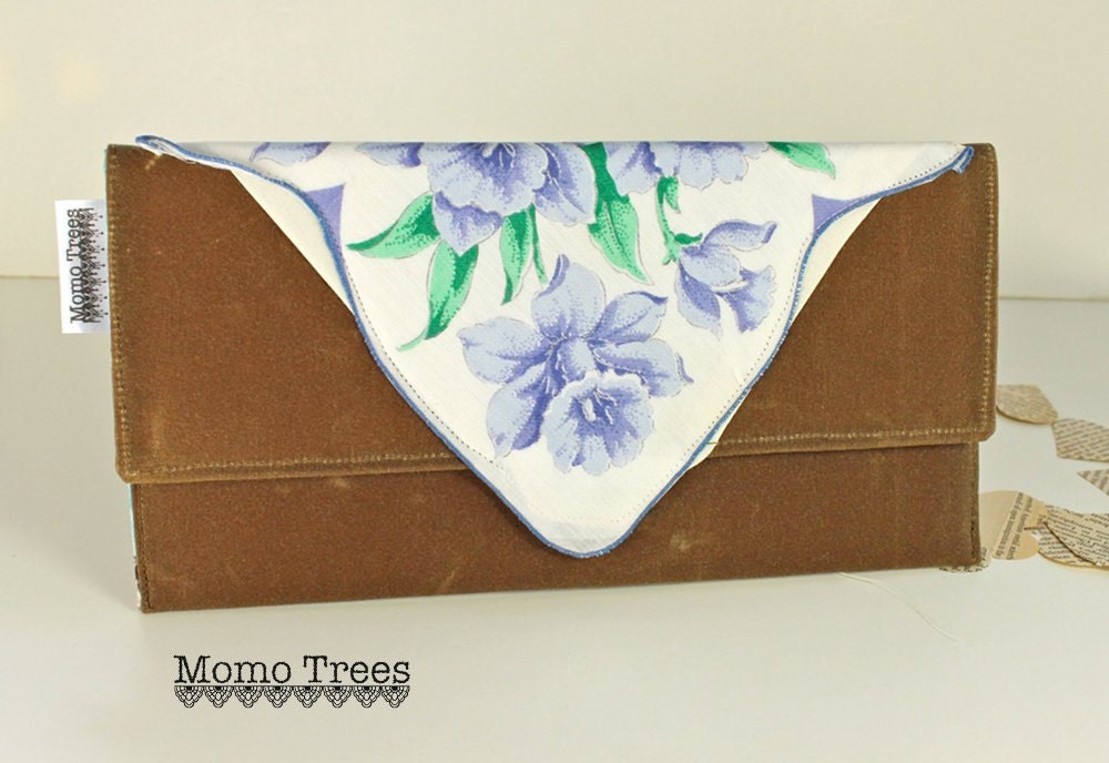 Envelope Clutch - Brown Waxed Canvas and Vintage Hankie - Purple Flower - SALE