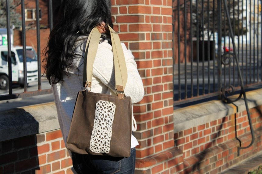 Waxed Canvas Tote Bag -Women's Shoulder Bag - Vintage Lace - Chestnut Brown