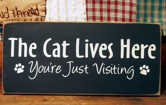 The Cat Lives Here You're Just Visiting primitive  wood sign