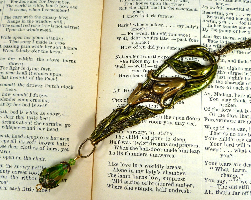 Green Necklace Brass Lily Necklace Hand Tinted