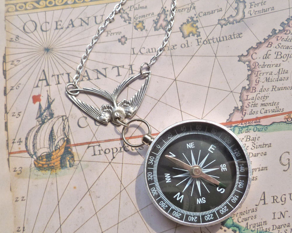 Compass Black and Silver Flying Swallow Bird Necklace Hike