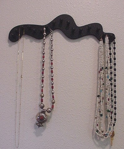 NECKLACE holder rack tree wood  16 PEGS Black   Wall mounted