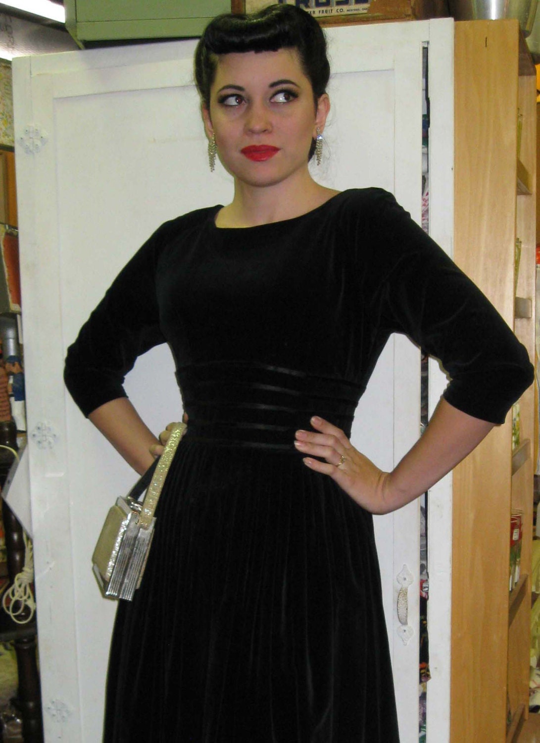 1950s Graceful Black Velveteen Party Dress