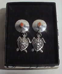 Sterling Silver Cast Sea Turtle Red Coral Dangle Earrings