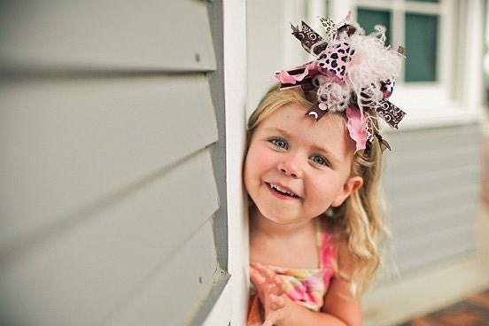 Pink and Brown Leopard Over The Top Funky Boutique Hair Bow w/Ostrich Puff on interchangeable headband Free Shipping On All Additional Items