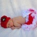 Large Red Peony Flower Clip and Red Crocheted Beanie Hat Infant Toddler Girl Free Shipping On All Additional Items