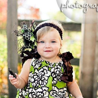 Lemongrass Green Cream and Brown Over The Top  Bow on matching Headband Free Shipping On All Addional Items