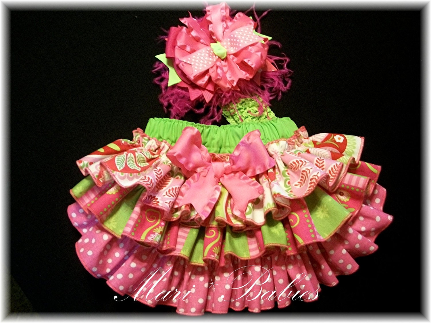 The Hope- Fancy Pants Ruffled Diaper Cover in Lime with Hot Pink and  Matching Hair Bow-Photo Prop