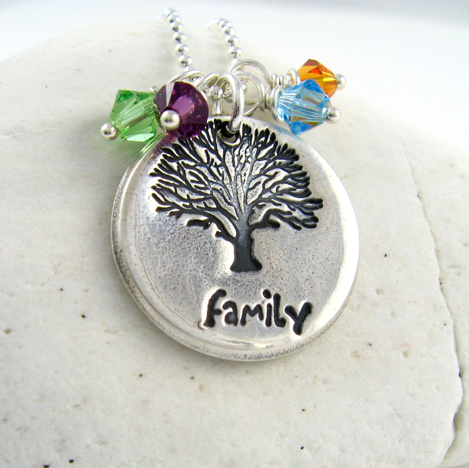 Family Tree Necklace Birthstone Necklace Under 75 Personalized Jewelry Hand Stamped Mother Necklace Fine Silver Tree of Life Pendant
