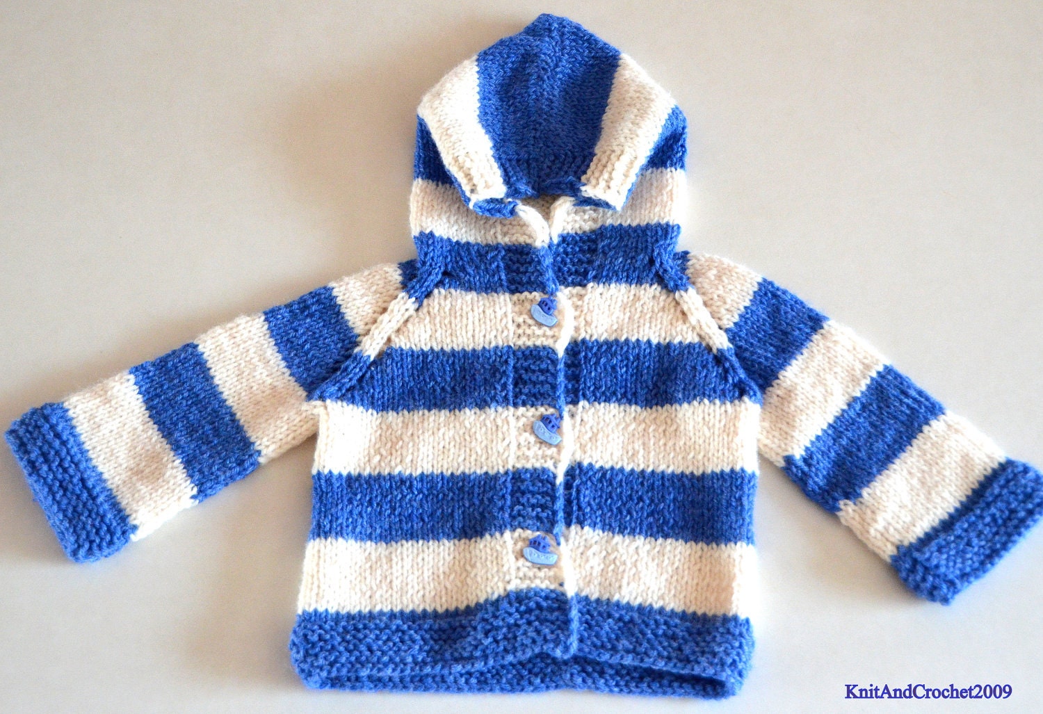 Hand Knitted Hooded Little Sailor Striped Sweater,Jacket,Blue,White 9-12 Months