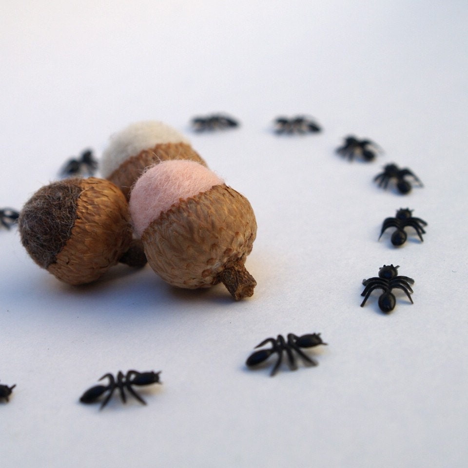 Halloween Candy Acorns, 9, spooky, scary, ants, spiders, needle felted acorns, pink black white