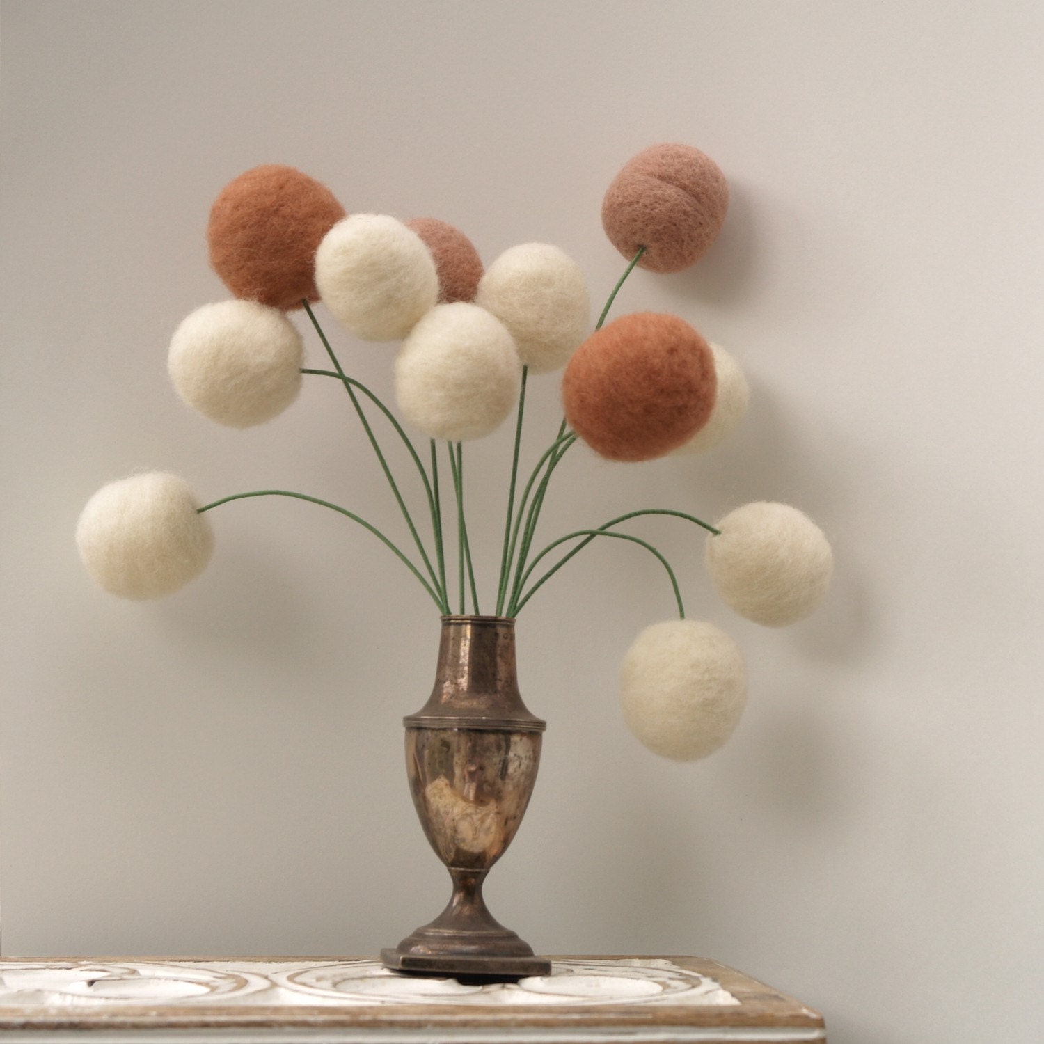 Wool Flowers, felt Craspedia Billy Button Ball rustic wedding woodland home decor neutral colors handmade housewarming gift large