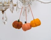 Harvest Ornament Decorations, 3 Pumpkins Orange Felt Wool Fall Autumn Home Decor whimsical thanksgiving halloween handmade party favors