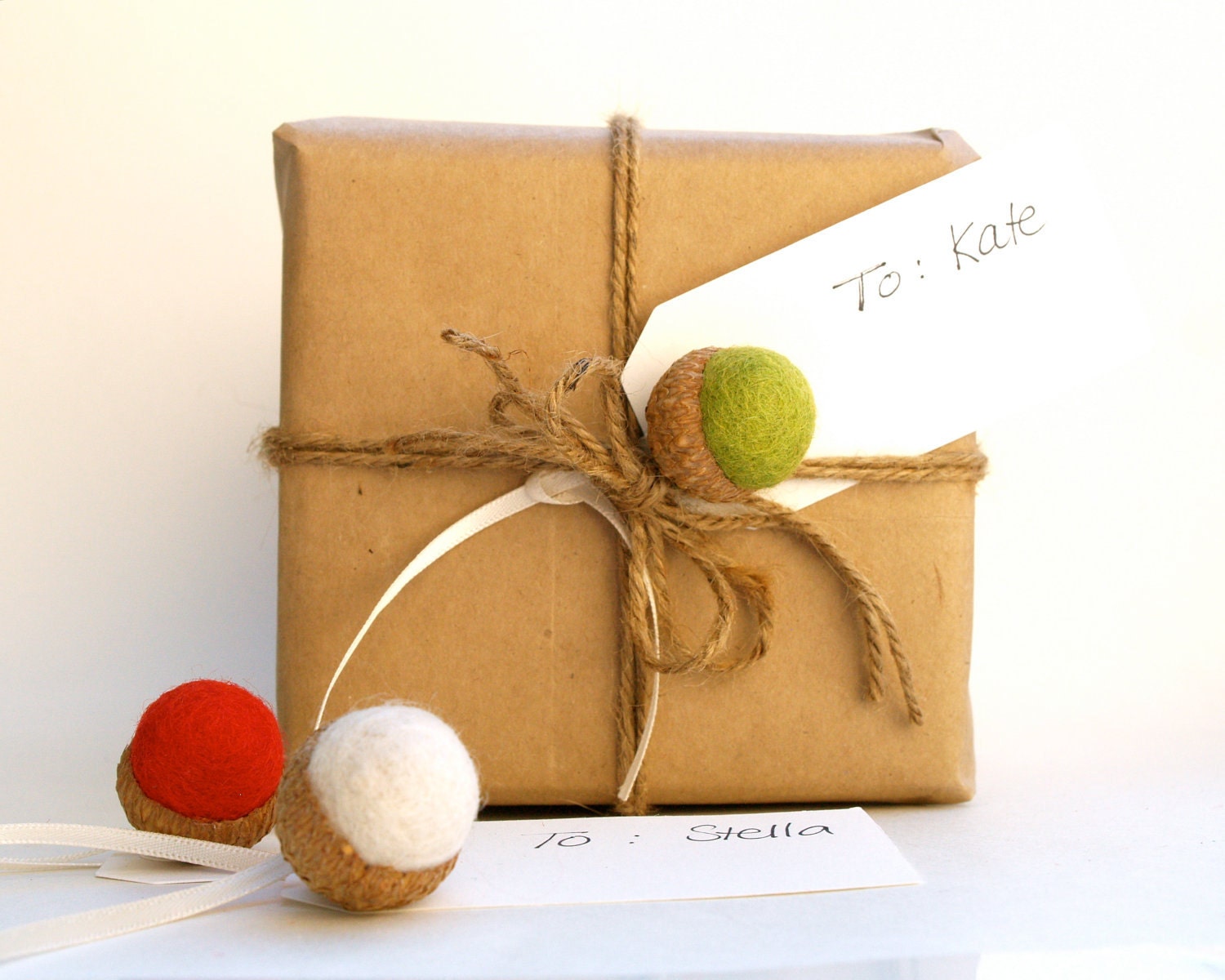 Rustic Gift Tags Presents Felted Acorns Handmade Nature Inspired Woodland Cute Red Green Eco Friendly Fun Winter Wonderland