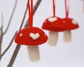 Holiday Ornament Toadstools, RED Love mushrooms decoration woodland Needle Felted Felt handmade Fairyfolk - 3