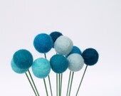 Blue Craspedia Flowers, Shabby Chic Home Decor Felt Wool Billy Button Flower Ball Pom Pom turquoise aqua decorating for her