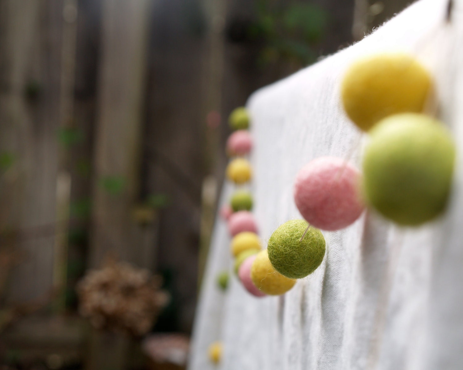 Spring Garland Felted Wedding Baby Shower Party Decorating fun entertaining banner Craspedia Billy ball Cake Table Pastel - Fairyfolk