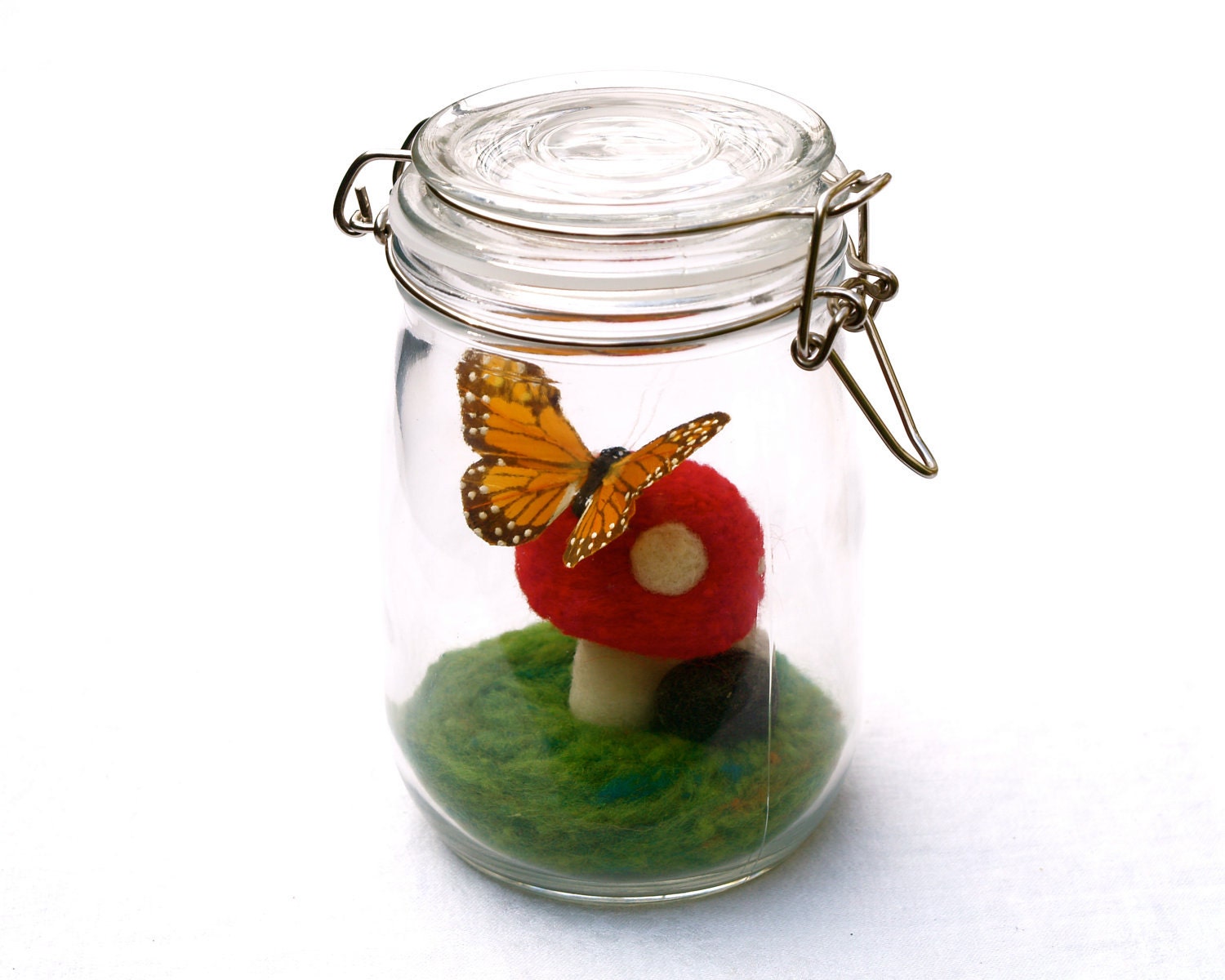 Butterfly Terrarium Mossy Toadstool, Wool Felt Woodland Home Decor Whimsical Whimsy Waldorf Magical Fantasy Glass Red Children Fairyfolk