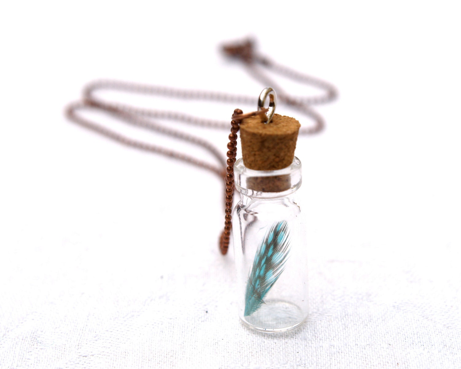 Miniature Feather Necklace, Guineafowl pendant jewelry whimsical woodland enchanting turquoise blue flower girl bridesmaid wedding small