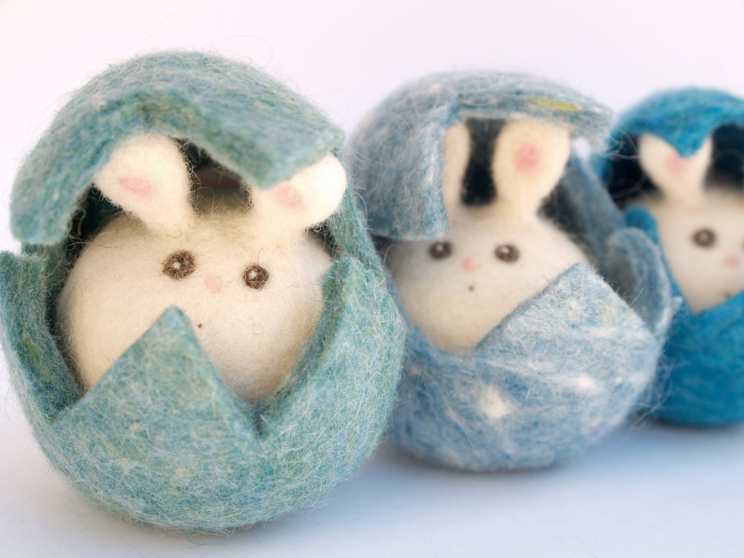 Easter Bunnies in blue Easter Eggs, Cute Toys . Needle Felted from wool - natural and eco friendly