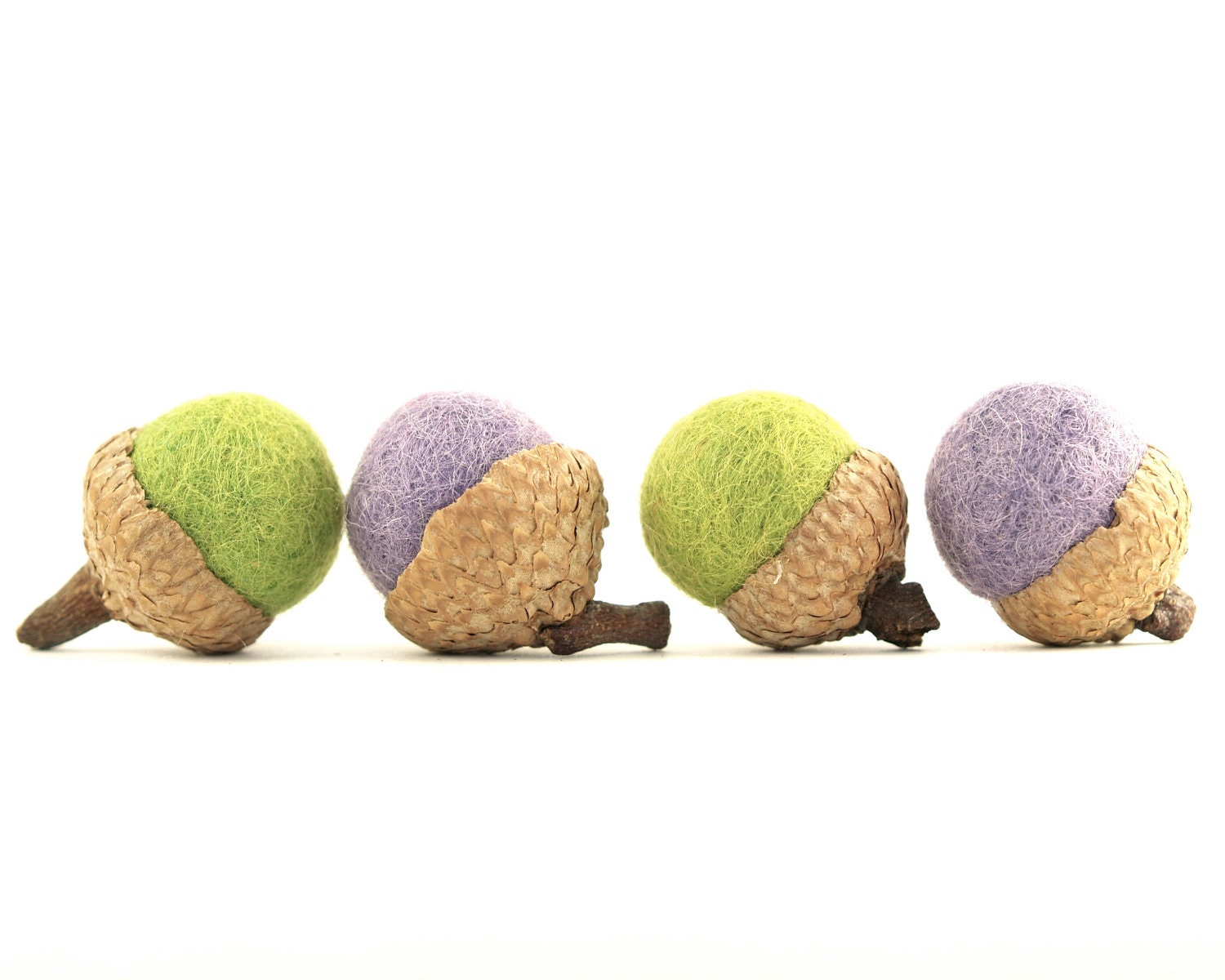 Felted Acorns, Moss Green and Lavender Purple, Set of 6