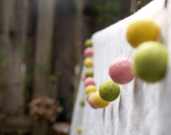 Spring Garland Felted Wedding Baby Shower Party Decorating fun entertaining banner Craspedia Billy ball Cake Table Pastel - Fairyfolk