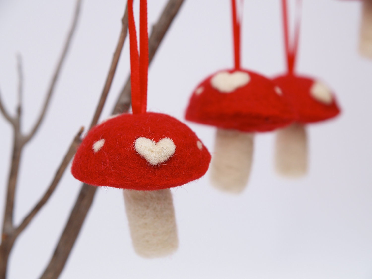 Holiday Ornament Toadstools, RED Love mushrooms decoration woodland Needle Felted Felt handmade Fairyfolk - 3
