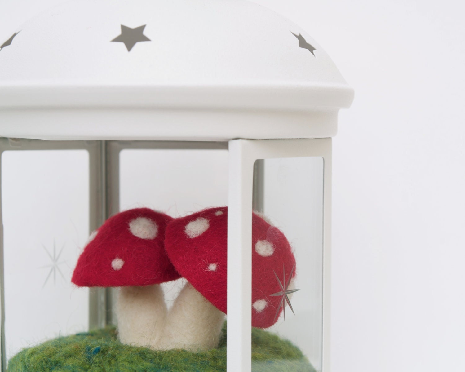 Lantern Toadstool Magical Mossy Festive Season Talbe Centerpiece, Wool Felt Terraruim Whimsical Whimsy Waldorf Glass Red Children