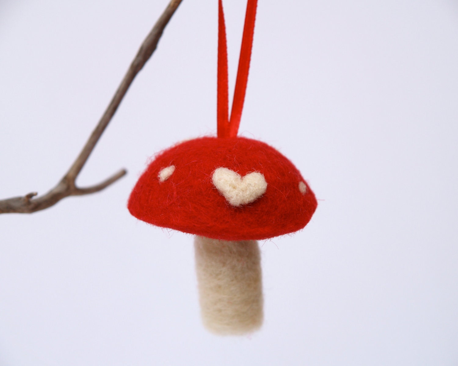 Holiday Ornament Toadstools, RED Love mushrooms decoration woodland Needle Felted Felt handmade Fairyfolk - 3