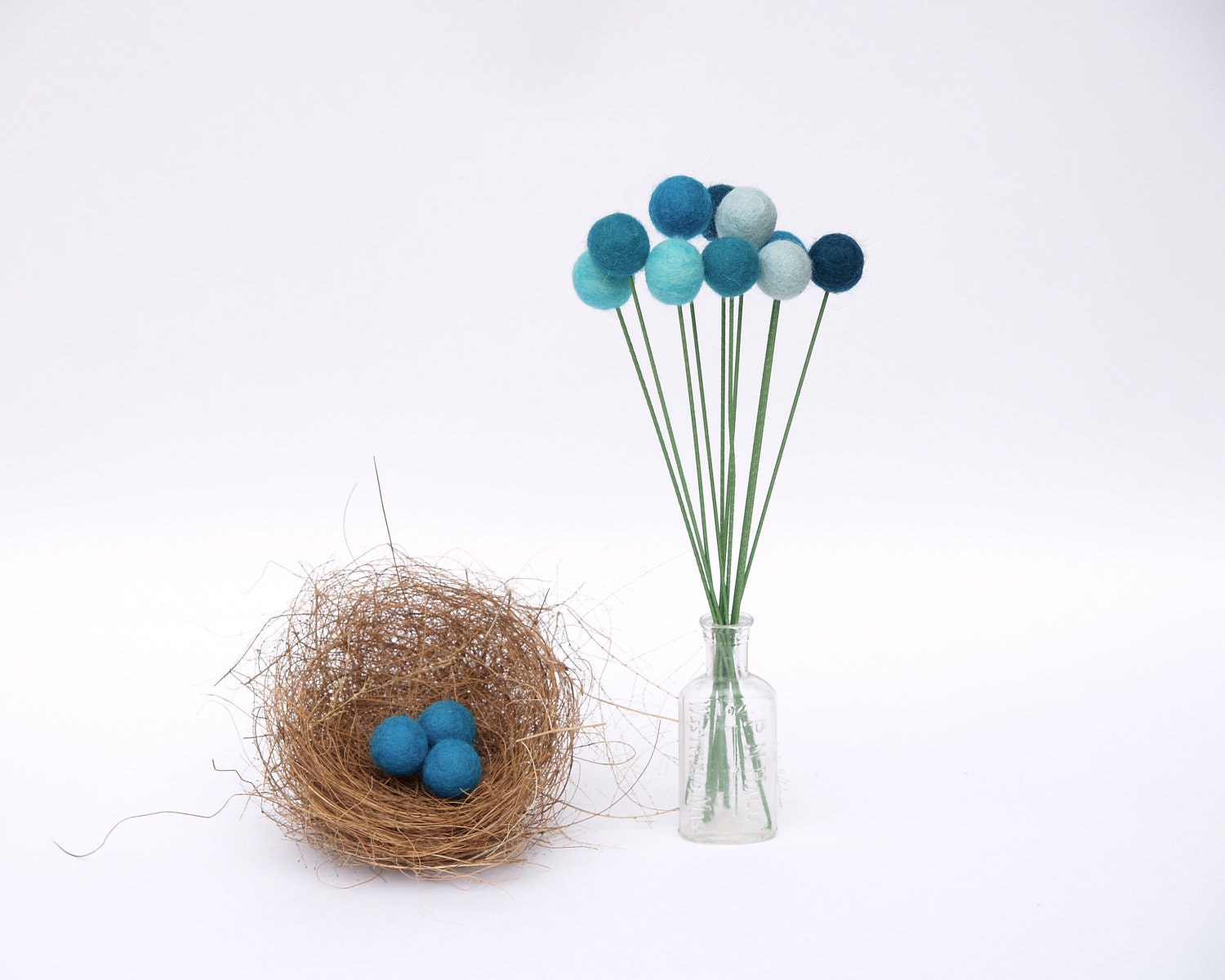 Robin Egg Blue Felt Flowers, Shabby Chic Home Decor Craspedia Wool Billy Button Flower Ball Pom Pom turquoise aqua decorating for her
