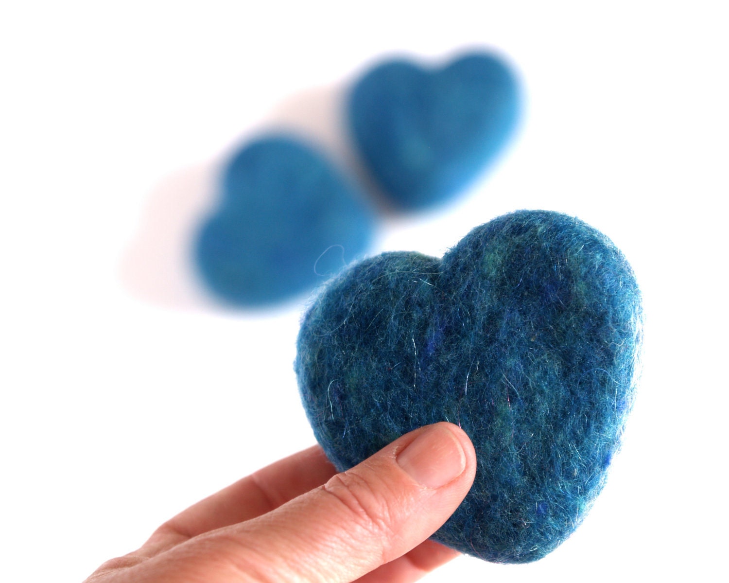 Needle Felted Hearts, Nautical Blue, 3 Large Felt Wool Hearts, Love gift Beach Cottage Home Decor - Seventh Wedding Anniversary 7th