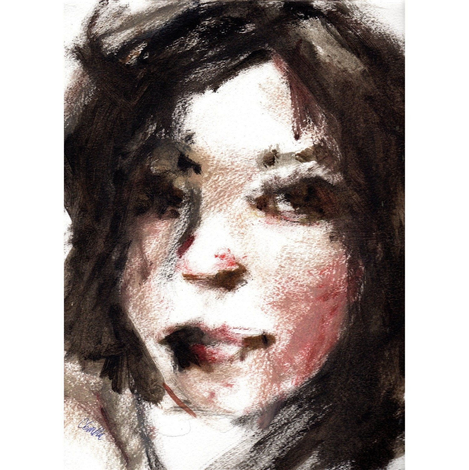 Oil Painting of Womans Face on Paper  Original in Chocolate Brown Black and Pink
