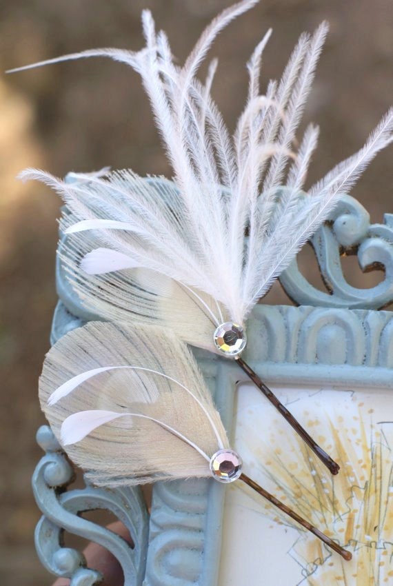 Bridal Hair Pins, Bridal Hair Accessories, Ivory Peacock Hair Pins LOVE BIRD - Wedding Hair Piece - white vintage romantic pretty rustic