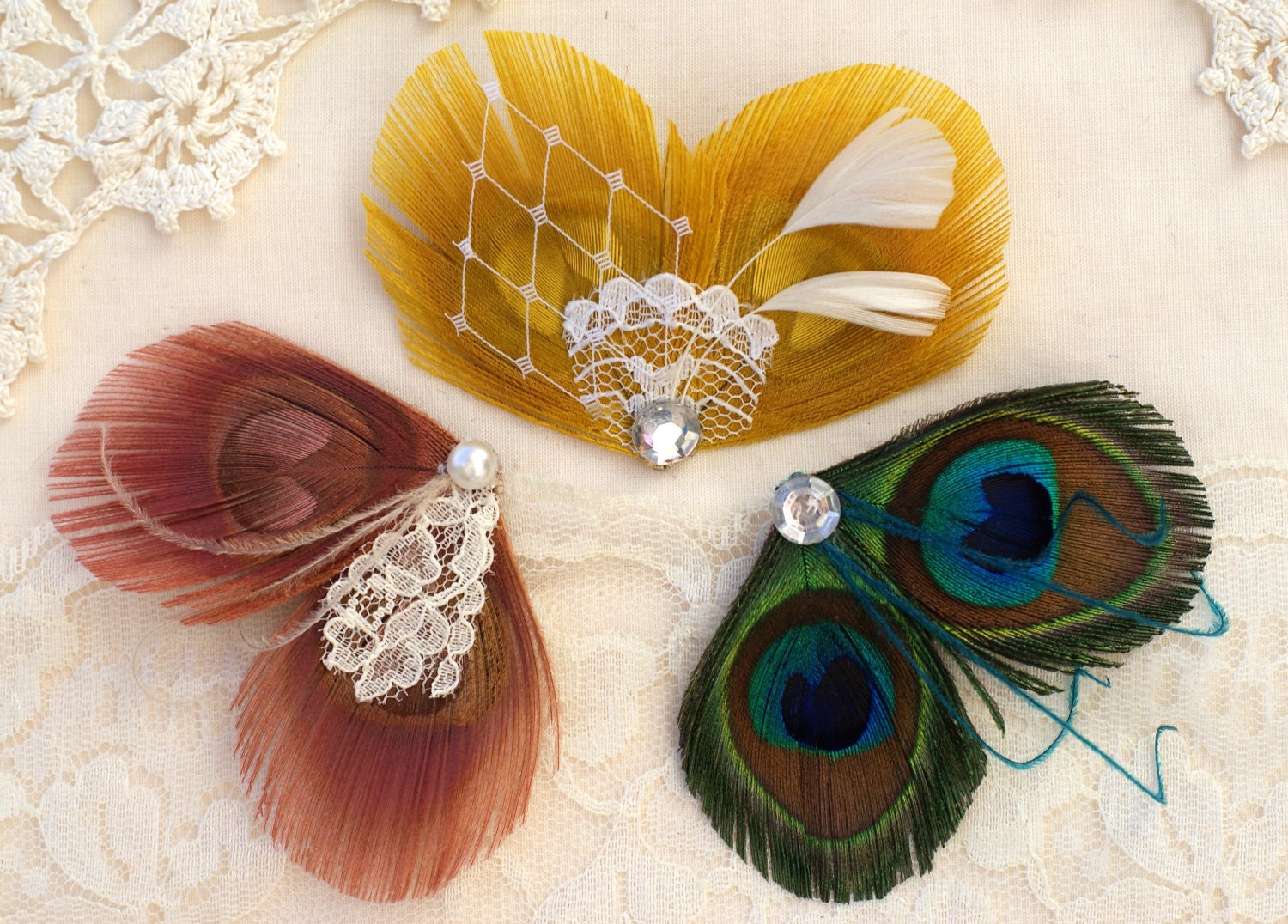 Girls Feather Hair Clip Mini Fascinators - Pick Two - Boutique Hairbows, Toddler Girls Hair Accessories - Peacock -  Lace