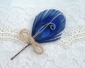 Blue Hair Pins, Feather Hair Pin, Peacock Hair Accessory, Rustic Hair in BOHO, Peacock Hair Pin - royal blue brown natural tan - bow
