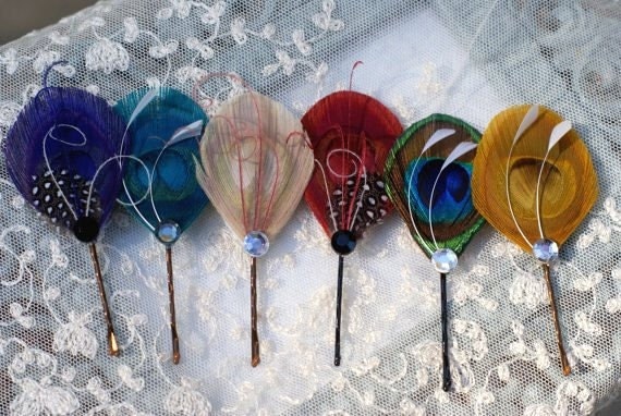 Peacock Hair Pins Set of Four - YOU CHOOSE - Wedding Accessory, Hair Feather, Hair Pins, Peacock Wedding, Unique Gift