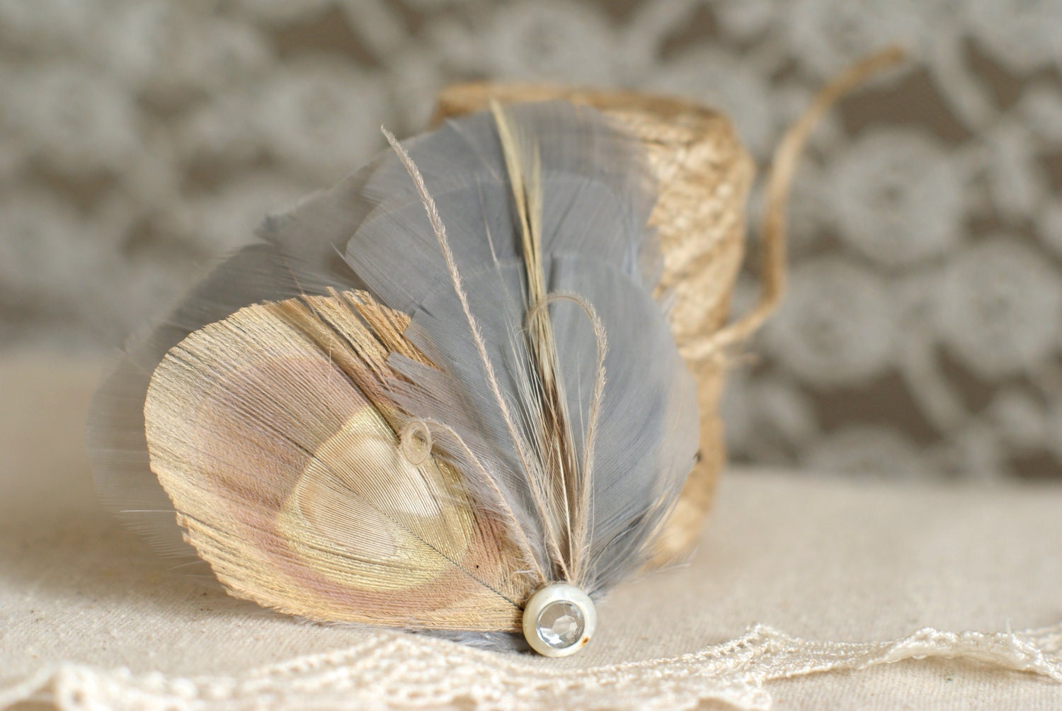 Feather Hairpiece, Peacock Hair Accessory, Feather Fascinator PLATINUM - Grey and Ivory - boho, bohemian, rustic, natural