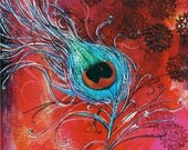 India Peacock Feather Illustration mixed media painting- Large Archival Print-Mayura