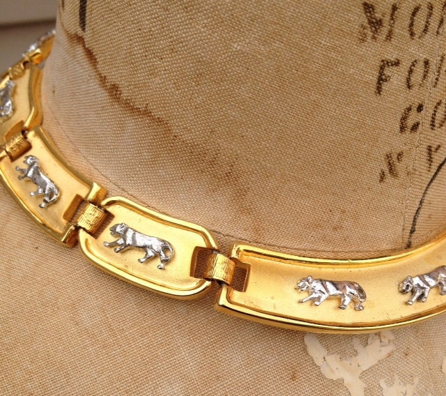 SALE Awesome vinatge 70s Park Lane Gold and Silver tone jaguar choker egyptian revival