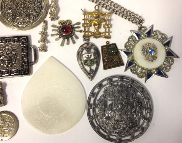 SALE Lot of 22 vintage medieval and asian charms, brooch and destash items 30s-80s