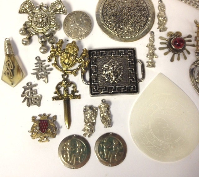 SALE Lot of 22 vintage medieval and asian charms, brooch and destash items 30s-80s