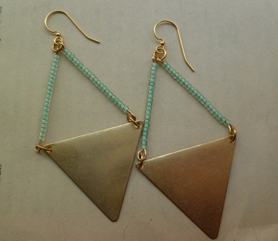 Mint green and brass triangle earrings, statement