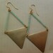 Mint green and brass triangle earrings, statement
