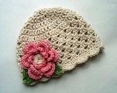Baby Girl Crochet Beanie Hat, Cotton Baby Hat, Ecru with Rose Pink Flower-MADE TO ORDER